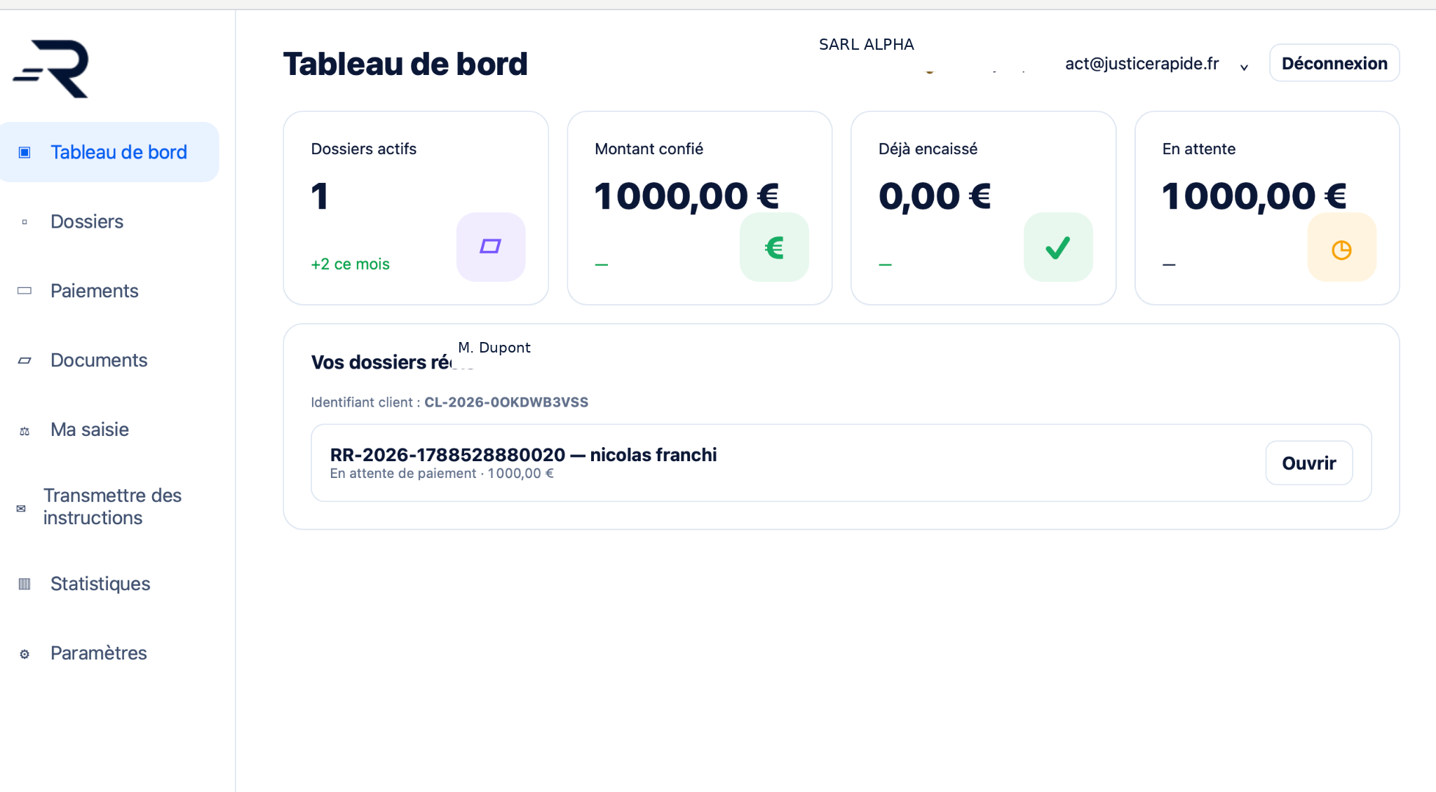 Interface client RR ONE complète avec tableau de bord, dossiers, paiements, documents, Ma saisie, instructions, statistiques et paramètres